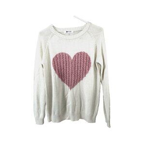 Cottagecore Ivory Cable Knit Sweater S Pink Heart Crochet Romantic Cozy Preppy